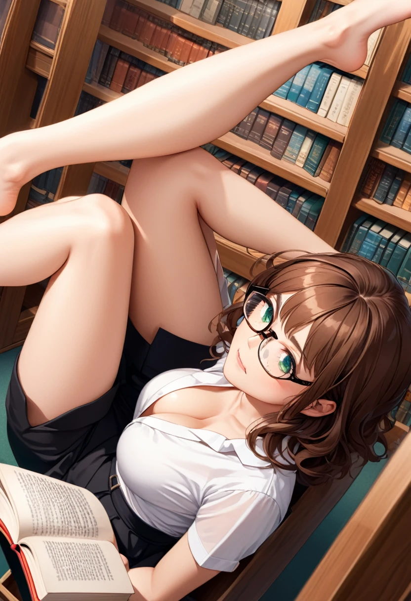 detailed illustration ,dynamic angle, ultra-detailed, detailed eyes, detailed face, 1girl, sitting down, legs up, reading book, long brown hair, glasses, green eyes, small smile, shy, blushing, horny, library, short black skirt, white blouse, cleavage, medium breasts, from above, looking up
