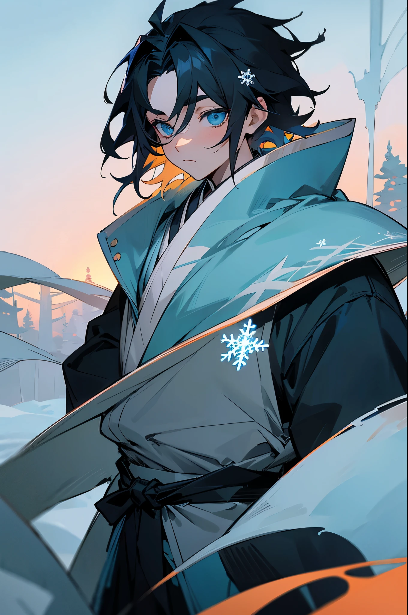 the anime, (Best Quality), 1guy, stands still, (Wide body), (Snow-covered forest with sunset), ((messy black hair)), (ultra short hair), ((Impassive blue eyes)), japanese clothes, Open blue coat ((blue with snowflake patterns)), ((hem at the waist)), The Art of the Demon Slayer, demon slayer artstyle, kimetsu no yaiba, mature male, muscular, upper body, perfect blue eyes