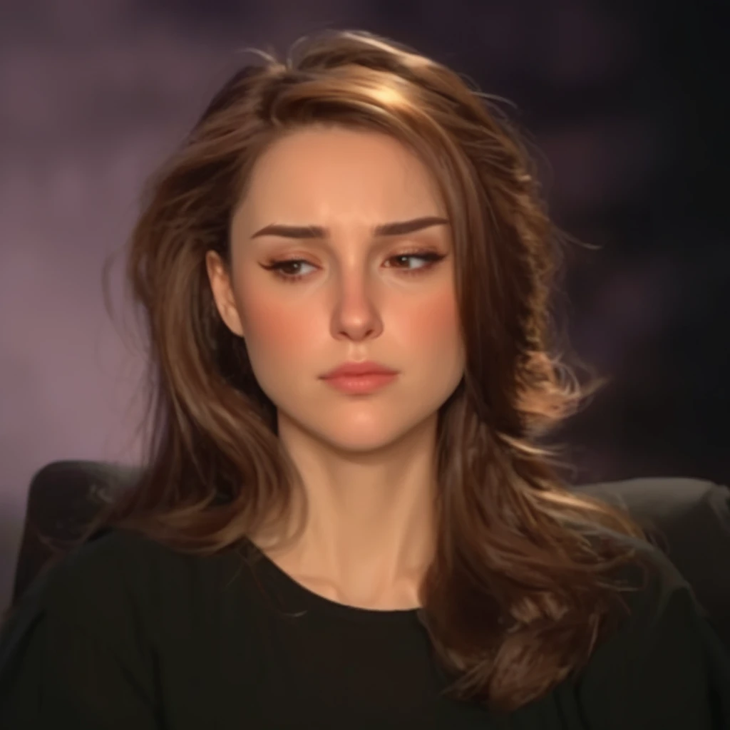 31 year olded beautiful American lady with long brown hair looking down at something, extremely beautiful, 8K, highly detailed, she has an expressionless face, anime style
