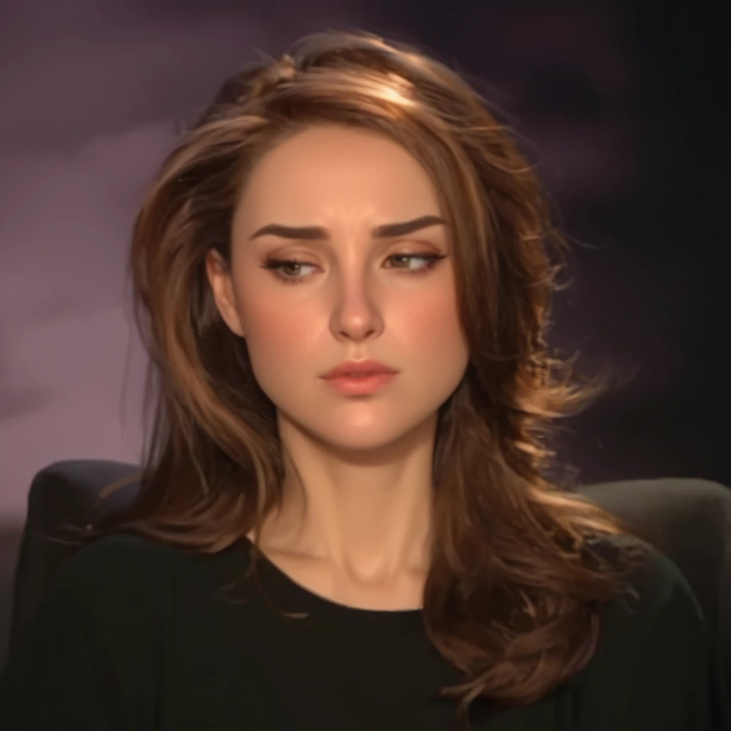 31 year olded beautiful American lady with long brown hair looking down at something, extremely beautiful, 8K, highly detailed, she has an expressionless face, anime style