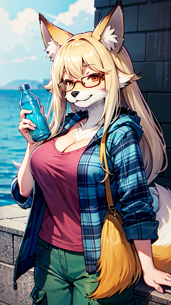Quality
Super high quality, super high quality, super resolution.
Species
Female, ((beastman)).
Hairstyle
Straight long hair, with bangs.
Characteristics
Small face, fox-like mouth, slightly dark pink under-rimmed glasses, (droopy eyes), (half-closed eyes), ((fluffy++)), ((hairy)), ((dark blue furry)), delicate, (bust and size D), cleavage, beautiful breasts, fluffy fox-like tail.
Expression
Fox-like mouth, smiling.
Status
(Only one), alone.
Clothing
((blue plaid thin jacket)), tank top with logo, long cargo pants in a slightly lighter green color.
Pose/Angle
Holding a plastic bottle, protruding view.
Background
On top of a breakwater.