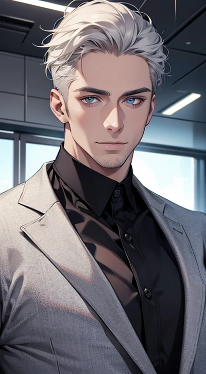 (best quality,4k,8k,highres,masterpiece:1.2),ultra-detailed,(realistic,photorealistic,photo-realistic:1.37),1 man,31 years old,mature man,very handsome,without expression,smile,short grey white hair,blue eyes,penetrating gaze,perfect face without errors,imposing posture,businessman,office background,cinematic lighting,hdr image