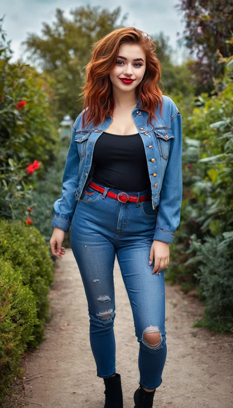 ultrarealistic high quality full body photo of a beautiful super busty slim european 19-year-old woman with cute hyperdetailed shy face and redhead shoulder length messy hair and shy smile, realistic round black eyes, red lips, dark eye makeup with eyeliner, tight shirt with satin jacket and denim pants, hourglass body, tanned, outdoor photography