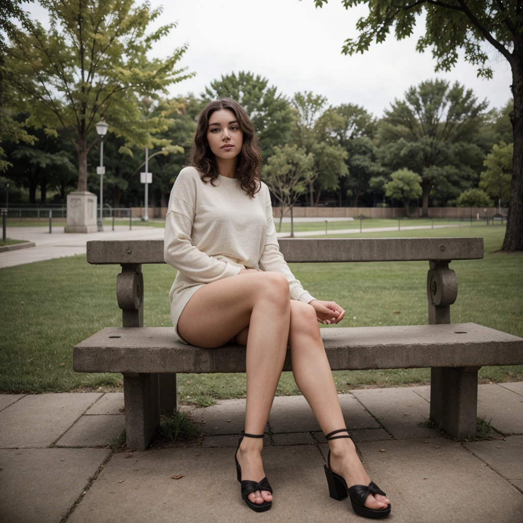 Generate an image of a beautiful young woman with very large, wavy, dark brown curly hair, no makeup, and an attractive face, sitting on a concrete bench in a park, with her full body visible --style photorealistic --high-resolution 8k --soft-focus --natural-light --outdoor-setting --concrete-bench --relaxed-posture --soft-shadows --natural-colors --high-detailed-textures --gentle-expression --detailed-hair --oval-face --bright-eyes --full-body --relaxed-legs --casual-clothing --park-background --warm-colors
