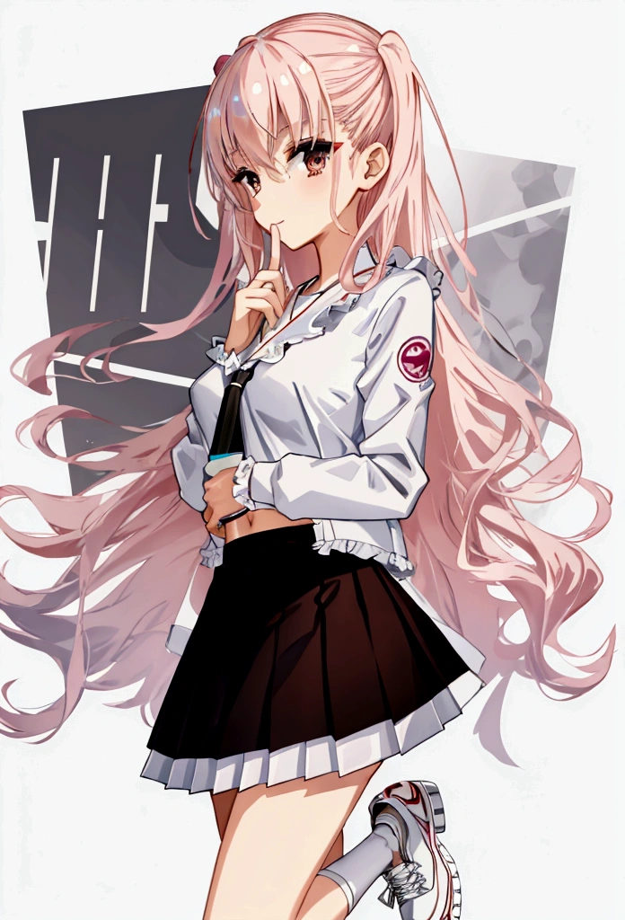 Skirt: White pleated mini-skirt
Top: Light pink Sleeveless shirt
Jacket: Denim Jacket
Shoe‘s: White sneakers with pink accents
Accessoires:
Watch: Apple Watch Ultra 2