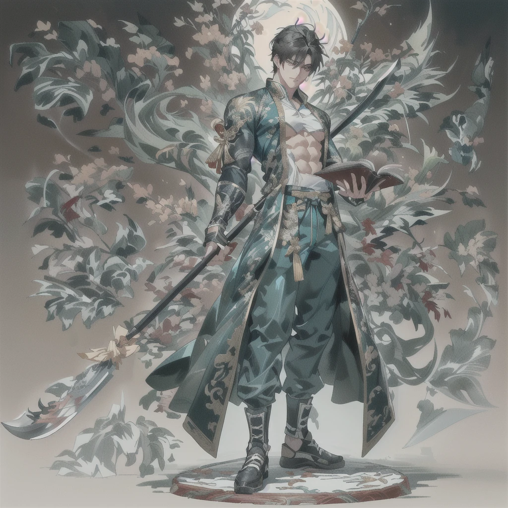 (Extremely complex and exquisite details,masterpiece,Highest quality,Full body picture of a strong, masculine and handsome man with short black hair,modern sportswear,Strong handsome masculine style,Holding a stick with a machete in his right hand,Holding book in left hand,Showing off muscles),correct anatomy,Very strong muscles,Exquisite Chinese dragon high contrast background,Broadsword