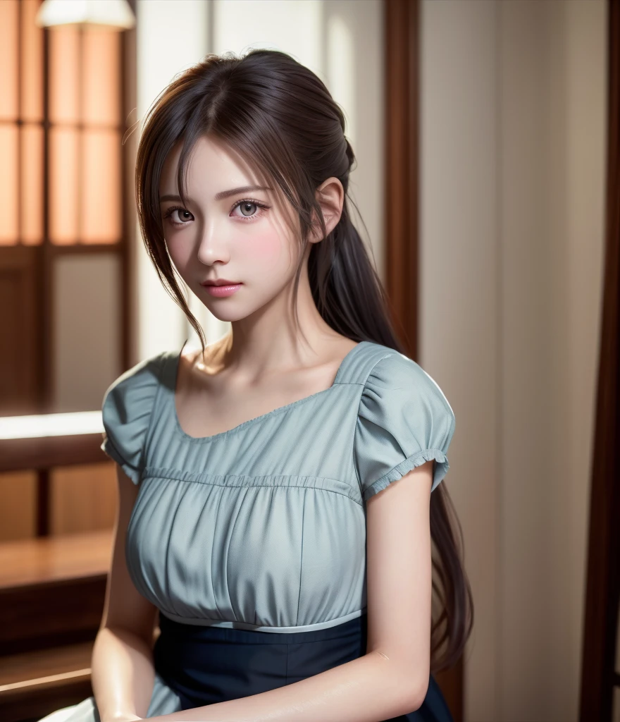 8K, of the highest quality, masutepiece:1.2), (Realistic, Photorealsitic:1.37), of the highest quality, masutepiece, Beautiful young woman, Pensive expression, Gentle eyes, Cute Maid Clothes, Hair tied back, feeling radiant, Cinematic background,, Light skin tone