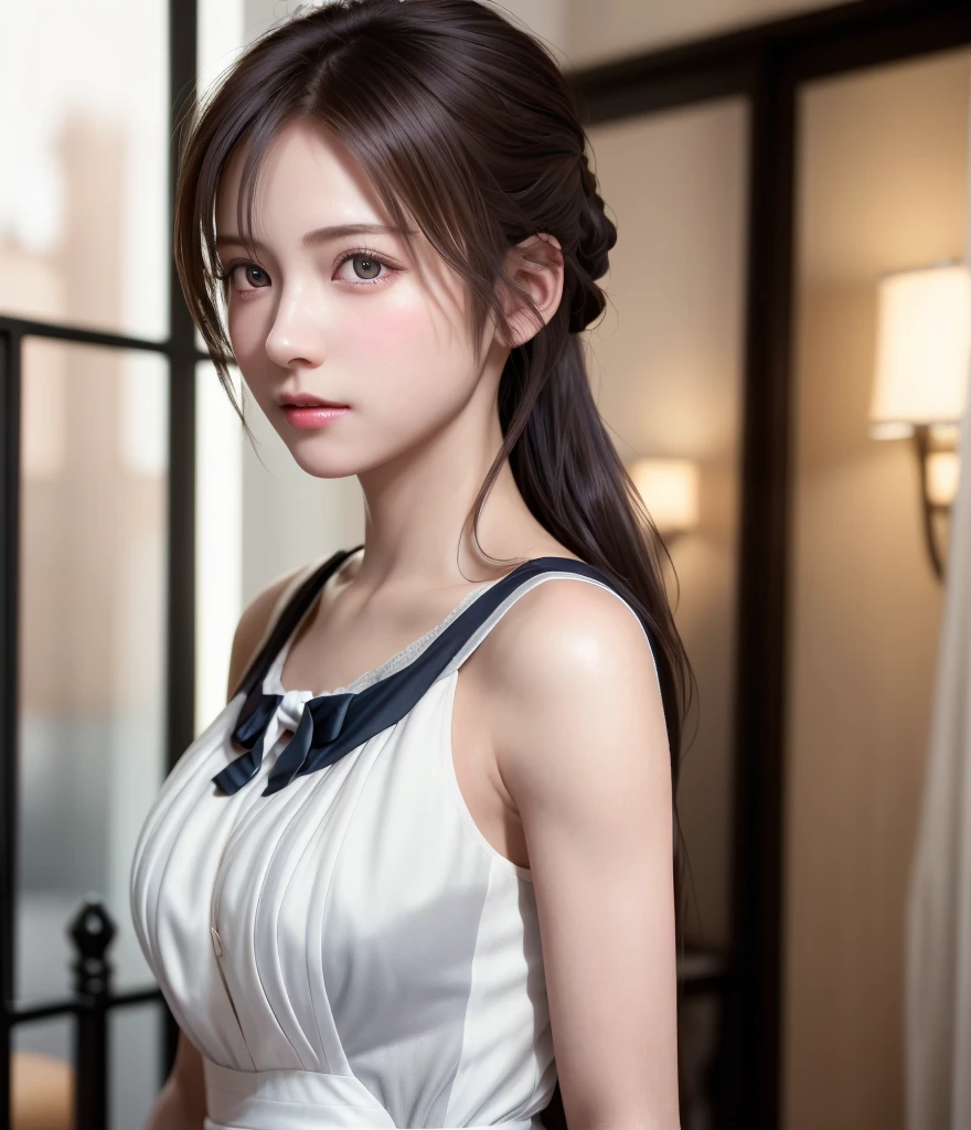 8K, of the highest quality, masutepiece:1.2), (Realistic, Photorealsitic:1.37), of the highest quality, masutepiece, Beautiful young woman, Pensive expression, Gentle eyes, Cute Maid Clothes, Hair tied back, feeling radiant, Cinematic background,, Light skin tone