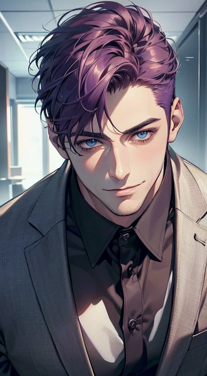 (best quality,4k,8k,highres,masterpiece:1.2),ultra-detailed,(realistic,photorealistic,photo-realistic:1.37),1 man,31 years old,mature man,very handsome,without expression,smile,short purple hair,blue eyes,penetrating gaze,perfect face without errors,imposing posture,businessman,office background,cinematic lighting,hdr image