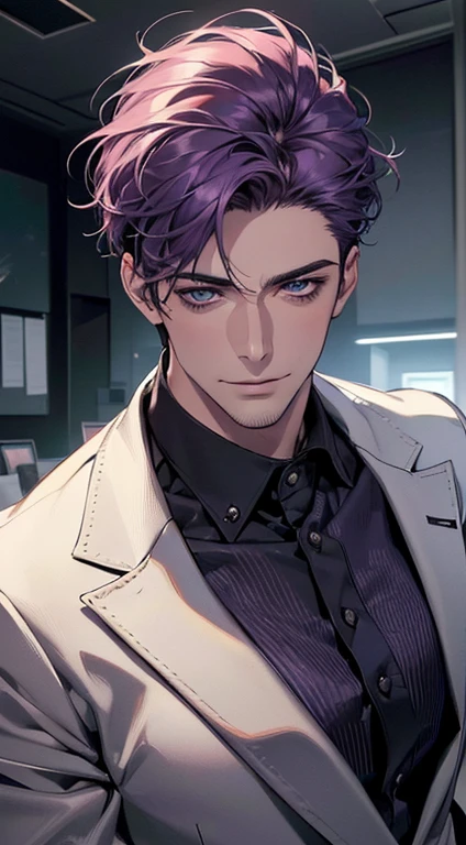 (best quality,4k,8k,highres,masterpiece:1.2),ultra-detailed,(realistic,photorealistic,photo-realistic:1.37),1 man,31 years old,mature man,very handsome,without expression,smile,short purple hair,blue eyes,penetrating gaze,perfect face without errors,imposing posture,businessman,office background,cinematic lighting,hdr image