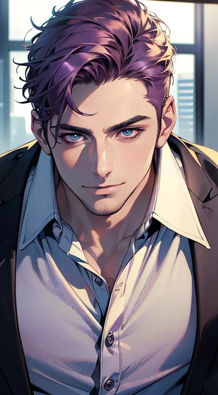 (best quality,4k,8k,highres,masterpiece:1.2),ultra-detailed,(realistic,photorealistic,photo-realistic:1.37),1 man,31 years old,mature man,very handsome,without expression,smile,short purple hair,blue eyes,penetrating gaze,perfect face without errors,imposing posture,businessman,office background,cinematic lighting,hdr image