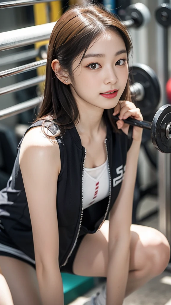 Highly detailed CG unity 8k wallpaper, of the highest quality, Super detailed, masutepiece, Realistic, photographrealistic, extremely detailed cute girl, 25yo, cleavage , (perspired) , Round eyes, peeping at the viewer, Blush, Smile, parted lip, Semi-body shot , Realistic、track suit、Realistic reproduction with vests , Panties , Squat, sports gym
