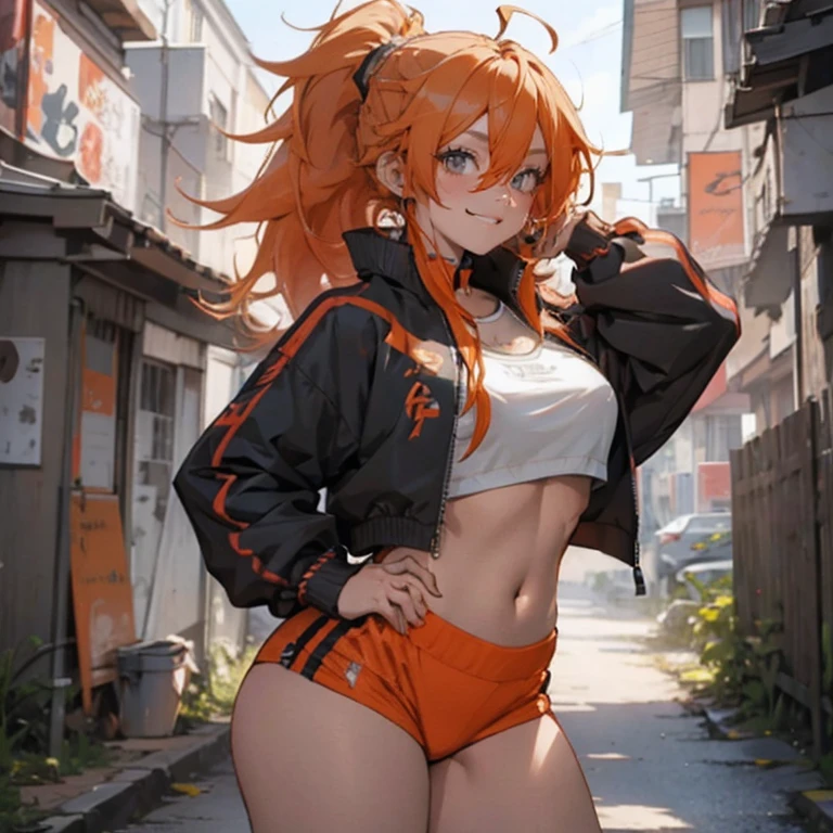 anime, 1 girl, alone, long orange hair, messy hair, split ponytail, hair over eyes, ahoge, brown eyes, smiling, outdoor, tracksuit jacket, yoga, big chest and huge thighs slim belly, Perfect sensual body 