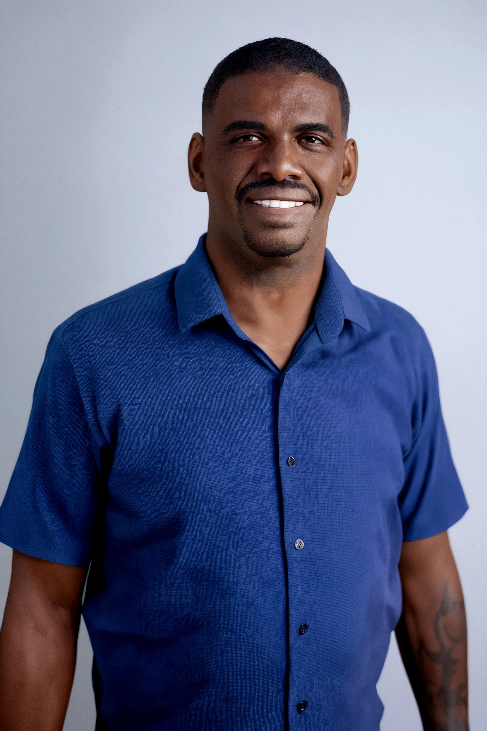 Black man, smiling, with a white background with a beard and thin mustache