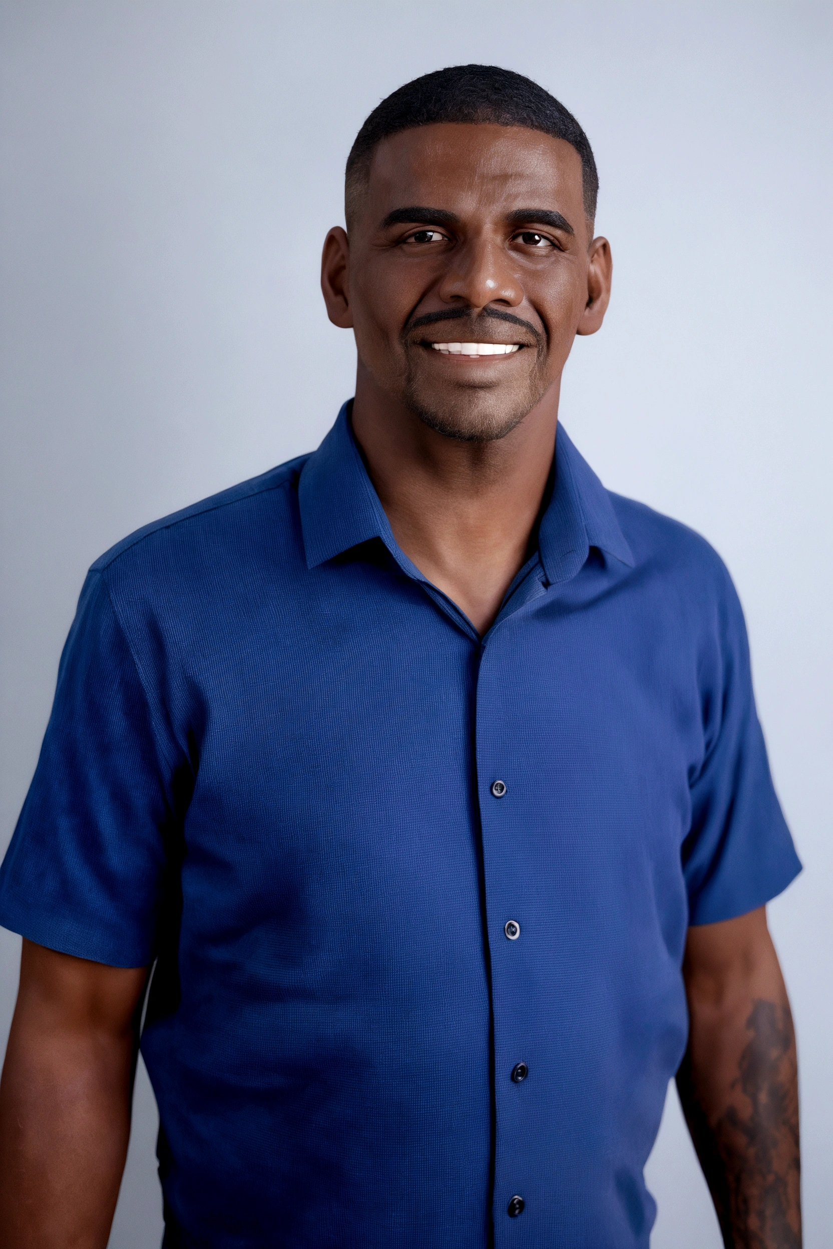 Black man, smiling, with a white background with a beard and thin mustache