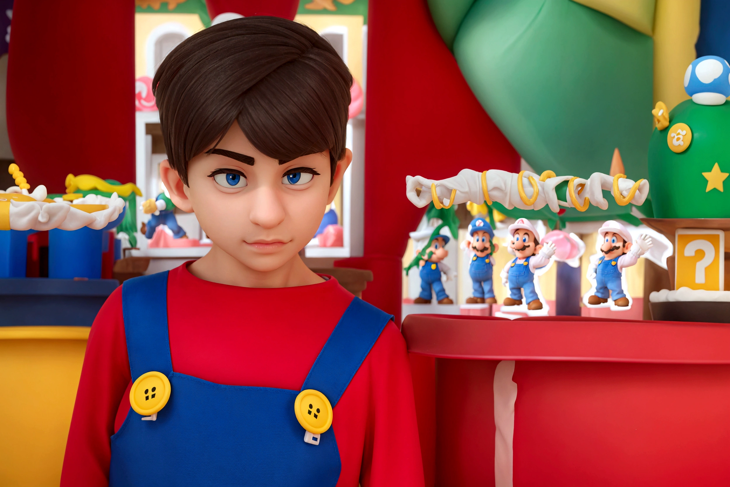 White , slickedback hair, clear eyes, Mario Bros clothes, at birthday party