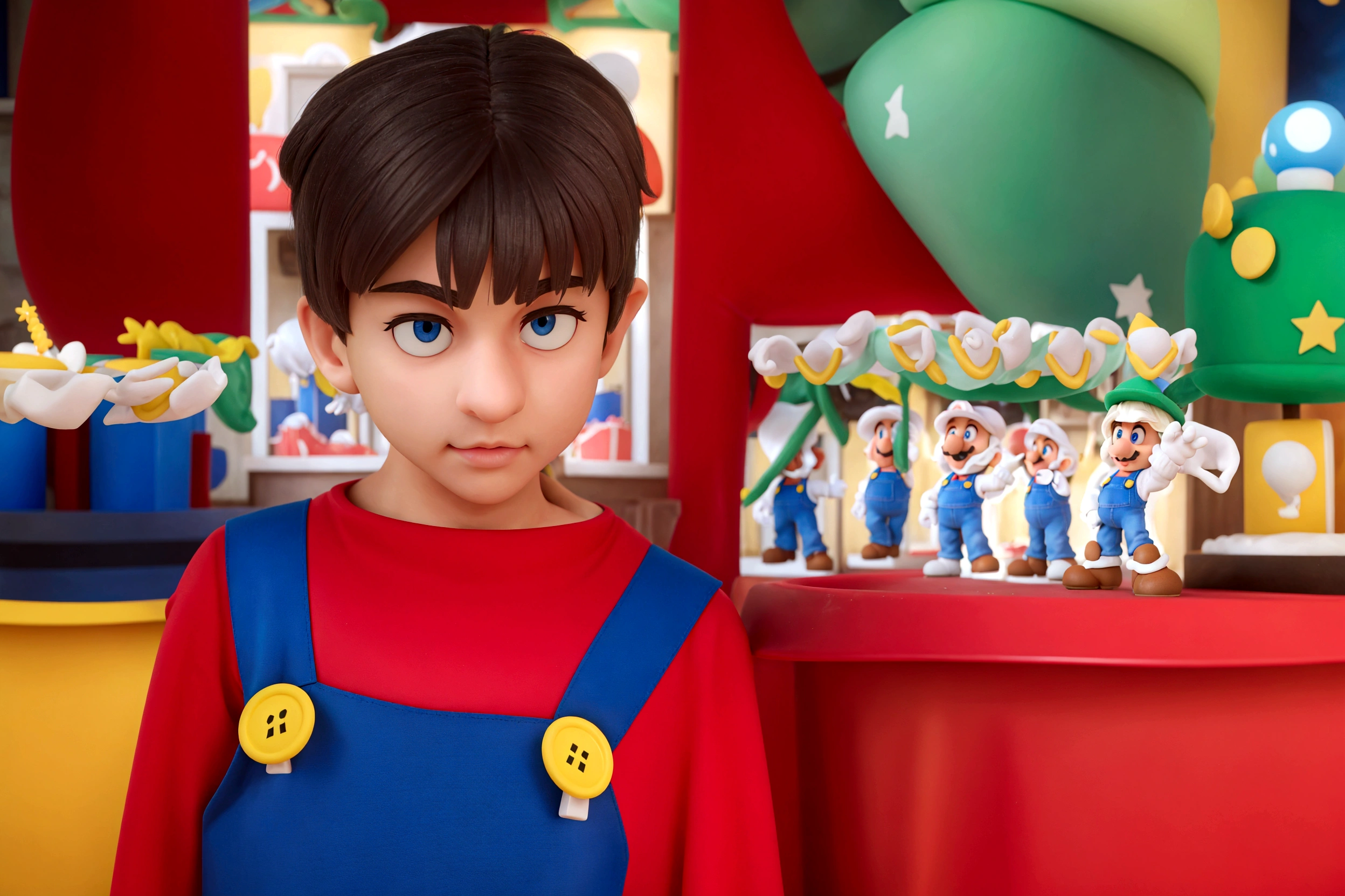 White , slickedback hair, clear eyes, Mario Bros clothes, at birthday party