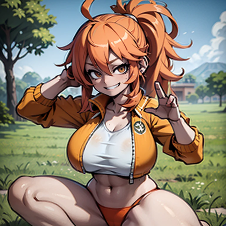 anime, 1 girl, alone, long orange hair, messy hair, split ponytail, hair over eyes, ahoge, brown eyes, smiling, outdoor, tracksuit jacket, yoga, big chest and huge thighs slim belly, Perfect sensual body 