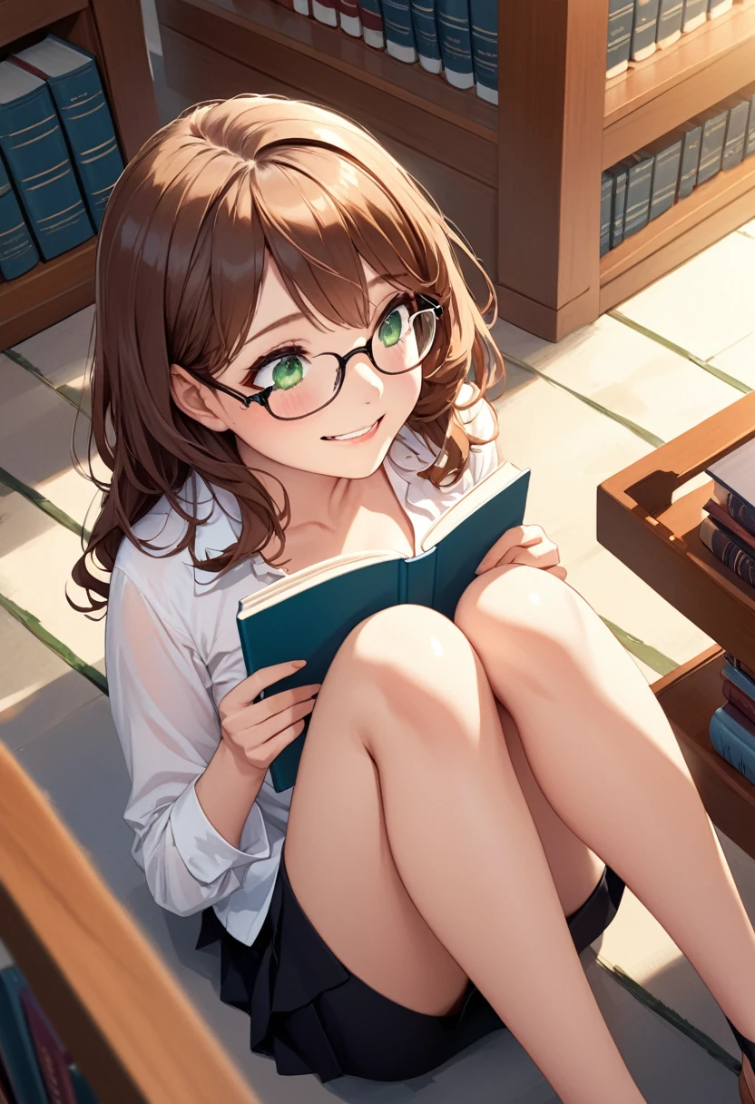 detailed illustration ,dynamic angle, ultra-detailed, detailed eyes, detailed face, 1girl, sitting down, legs up, reading book, long brown hair, glasses, green eyes, smile, shy, delight, blushing, horny, library, short black skirt, white blouse, cleavage, medium breasts, from above, looking up
