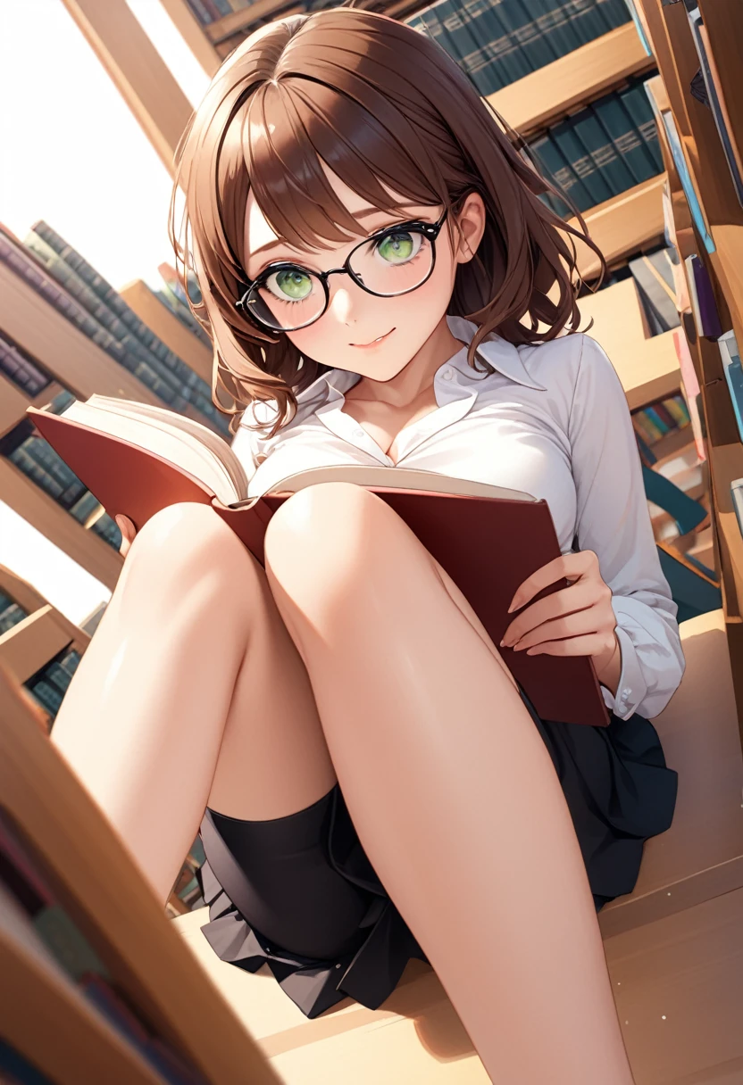 detailed illustration ,dynamic angle, ultra-detailed, detailed eyes, detailed face, 1girl, sitting down, legs up, reading book, long brown hair, glasses, green eyes, smile, shy, delight, blushing, horny, library, short black skirt, white blouse, cleavage, medium breasts, from above, looking up
