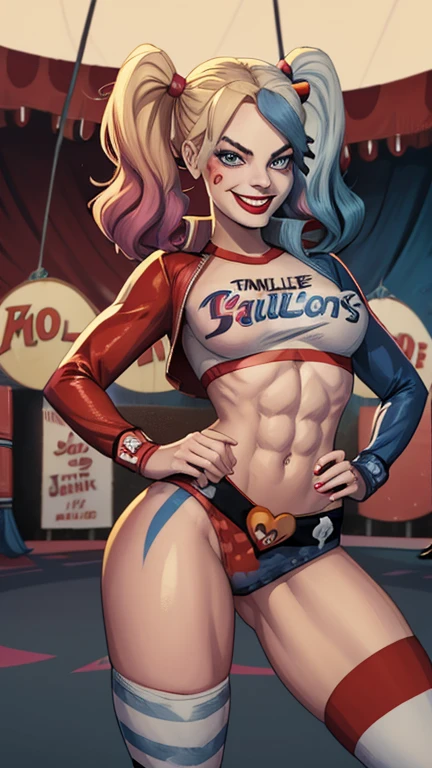 Margot Robbie, Harley Quinn, face paint red and blue, beautiful face, young girl face, bluish grey eyes, slim teens athletic body, toned abs, small breasts A cup, toned thighs, cameltoe, big round ass, Harley Quinn outfit, head to toe, circus show in background, cartoon art style; huge grin on her face