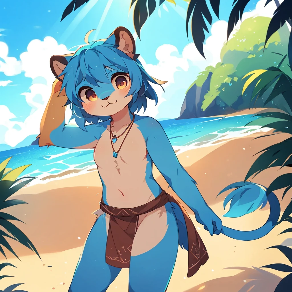 masterpiece, high quality, absurd res, digital painting \(artwork\), by fumiko, yupa,kiyosan, donkeyramen, soft lighting, solo, (anthro female lioness girl), (blue body), sunshine, beach, loincloth, sea, cloud, dark, bright, sand, from side, necklace,looking at viewer,character focus. (detailed background,amazing background),outdoors,scenery,light particles