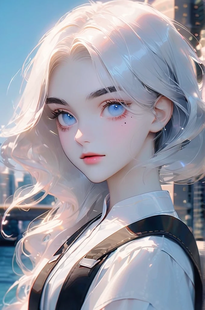 ((Лучшее качество)), ((шедевр)), (подробный), girl, short white hair, bright crystal blue eyes, (bright crystal blue eyes:1,9), thin black eyebrows, voluminous black eyelashes, thin black eyeliner, thin neck, mole under the eye, pink lips, white shirt, suspenders, city background on the ocean background, (portrait:1,9)