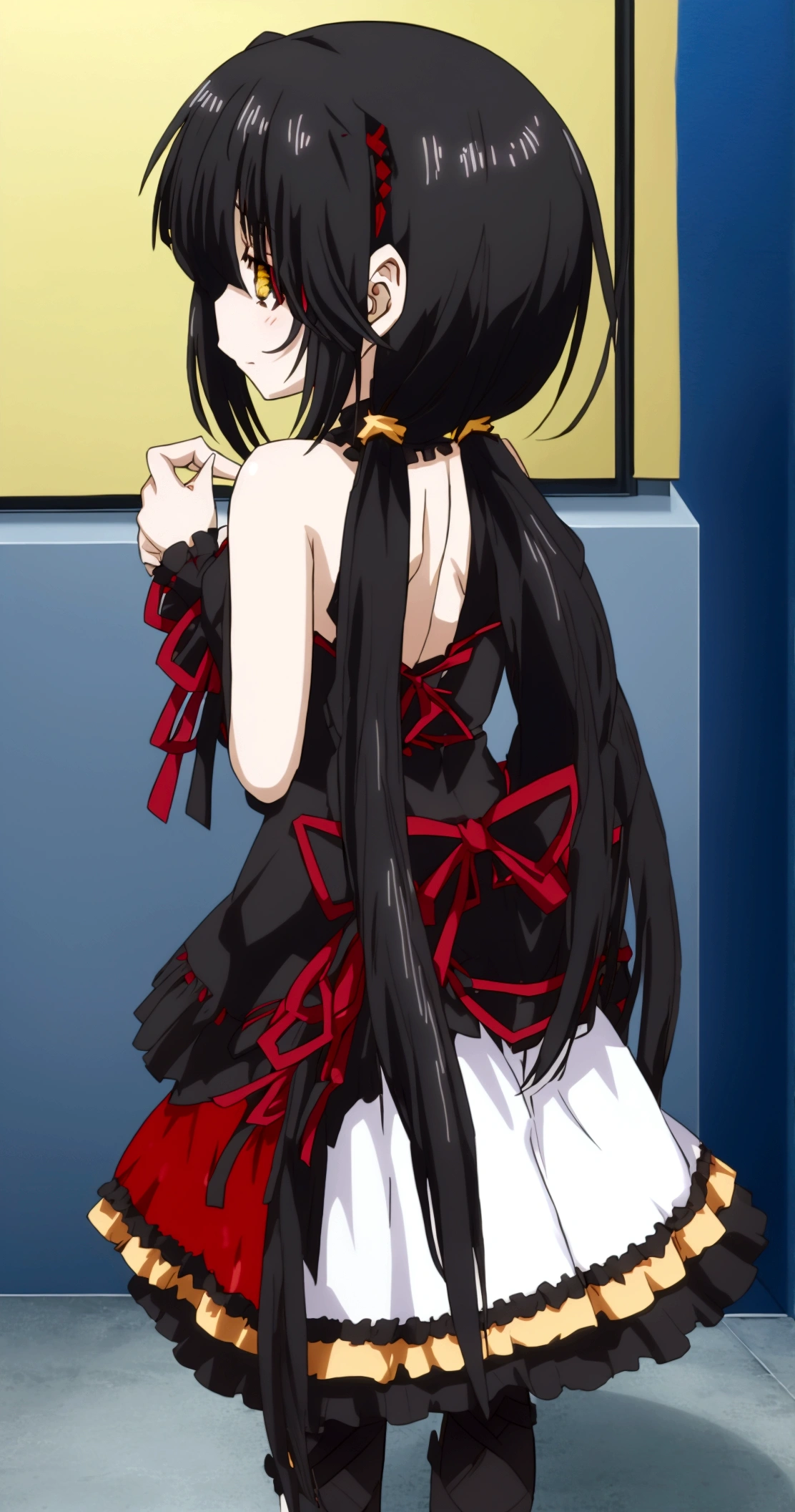 1girl, whole body, standing tall, bend back. thick, Tokisaki Kurumi, black hair, two pigtails, right eye bright red, left eye bright yellow, tokisaki kurumi