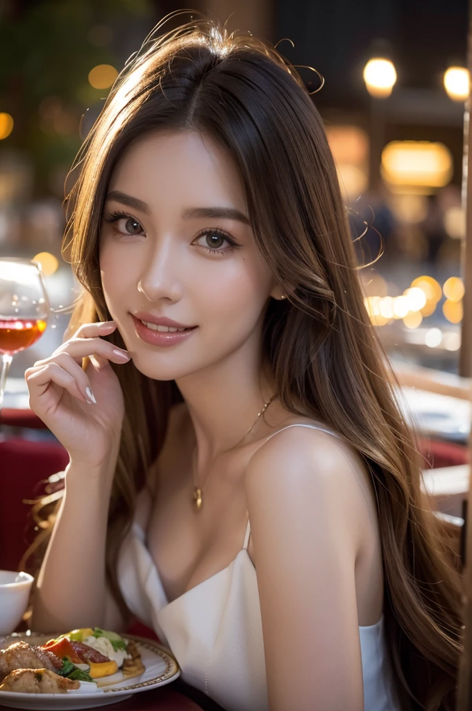 (best quality, hyper-realistic), (photography:1.2), (portrait:1.1), a stunningly realistic, high resolution 8K photo of a beautiful 30-year-old woman with medium long hair and a glamorous figure big smile, dark makeup, soft light, head and shoulders, cover, (vivid colors:0.9)(hair blond)(short hasir)(location is restorant turkye istanbol)(Dinner table with wine glass)