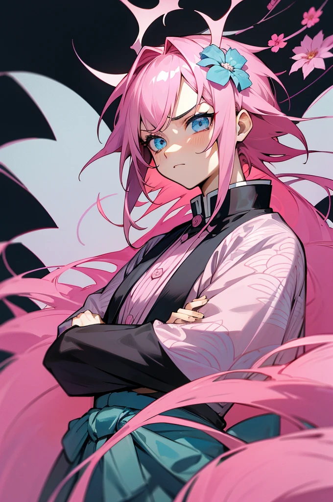 the anime, (Best Quality), 1guy, stands still, (Wide body), (flowers in the background), ((messy pink hair)), long hair, (ultra short hair), ((Impassive blue eyes)), japanese clothes, Open flower coat ((pink with flower patterns)), ((hem at the waist)), The Art of the Demon Slayer, demon slayer artstyle, kimetsu no yaiba, mature male, muscular, upper body, perfect pink eyes