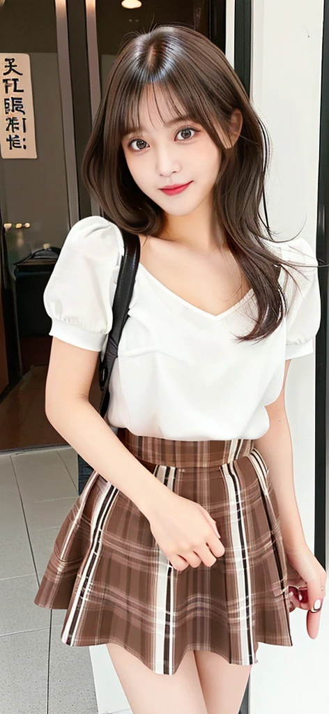 Girl looking forward with sexy skirt and chort short brown and white hair