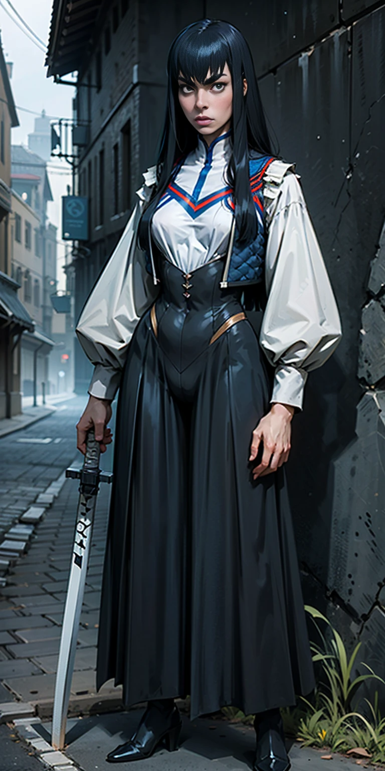 female Satsuki Kiryuin, Satsuki Kiryuin from Kill-la-Kill, mesh stockings, standing with a katana, full height, bottom view, best quality, very detailed, ultra 8k resolution, coat, vest, long skirt, portrait, full body, victorias clothing, long dress, knight, pants, black skinn suit, medieval city, plants, vest,polo shirt, forest, long skirt