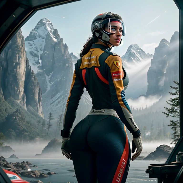 Masterpiece, highest quality, rear angle, Highly detailed photo of a (female race driver wearing red Ferrari F1 suit, helmet, with tinted face shield, HANS Device, accentuated booty), athletic body, big ass, [wide hips], (preparing for a race), on track exoplanet, (mountains:1.1), (exotic rain forest), lush vibrant foliage, (two moons in the sky:0.8), (hyperdetailed, intricately detailed), background by Jessica Rossier, (sci-fi), during the day, (lens flare:0.5), (bloom:0.6), particle effects, (cinematic lighting:1.1), sharp shadows, ambient light, [bioluminescente], raytracing, photographed on a Fujifilm X-S10 Mirrorless Camera, 25mm F2.8 ultra-wide-angle lens, sharp focus, Cinestill 800T, still frame from Gravity 2013, 8k, HDR, from behind