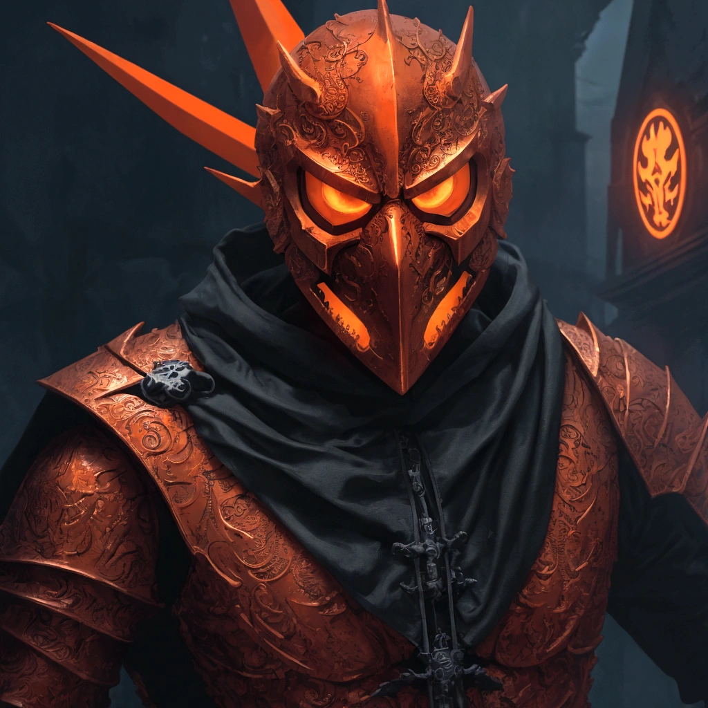 (extremely detailed 8k wallpaper), a medium shot photo of Grim dressed as a scary masked orange nature-supervillain in an orange armour made of orange glowing armour from marvel, theme, intricate, high detail, dramatic, old building with orange signs in the background