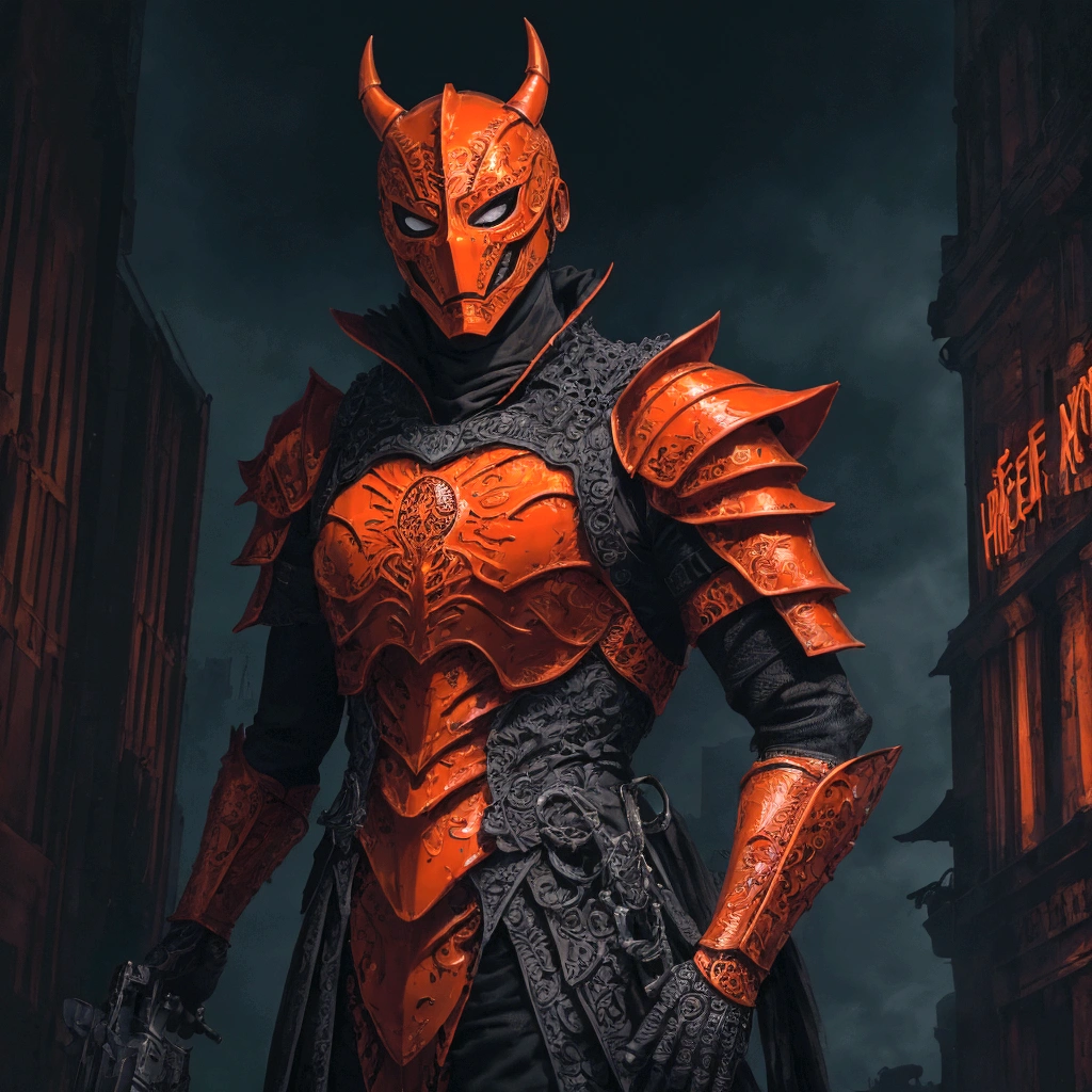 (extremely detailed 8k wallpaper), a medium shot photo of Grim dressed as a scary masked orange nature-supervillain in an orange armour made of orange glowing armour from marvel, theme, intricate, high detail, dramatic, old building with orange signs in the background