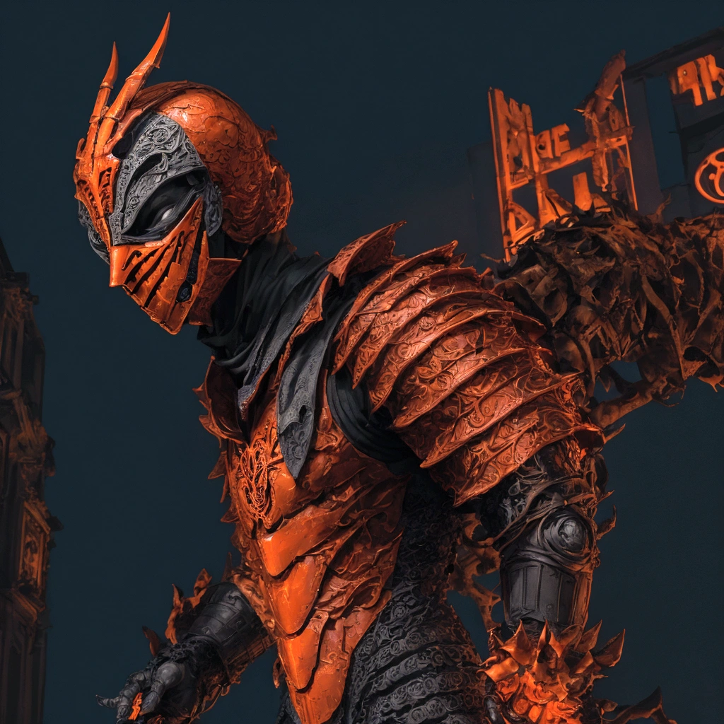 (extremely detailed 8k wallpaper), a medium shot photo of  Grim dressed as a scary masked orange nature-supervillain in an orange armour made of orange glowing armour from marvel, theme, intricate, high detail, dramatic, old building with orange signs in the background