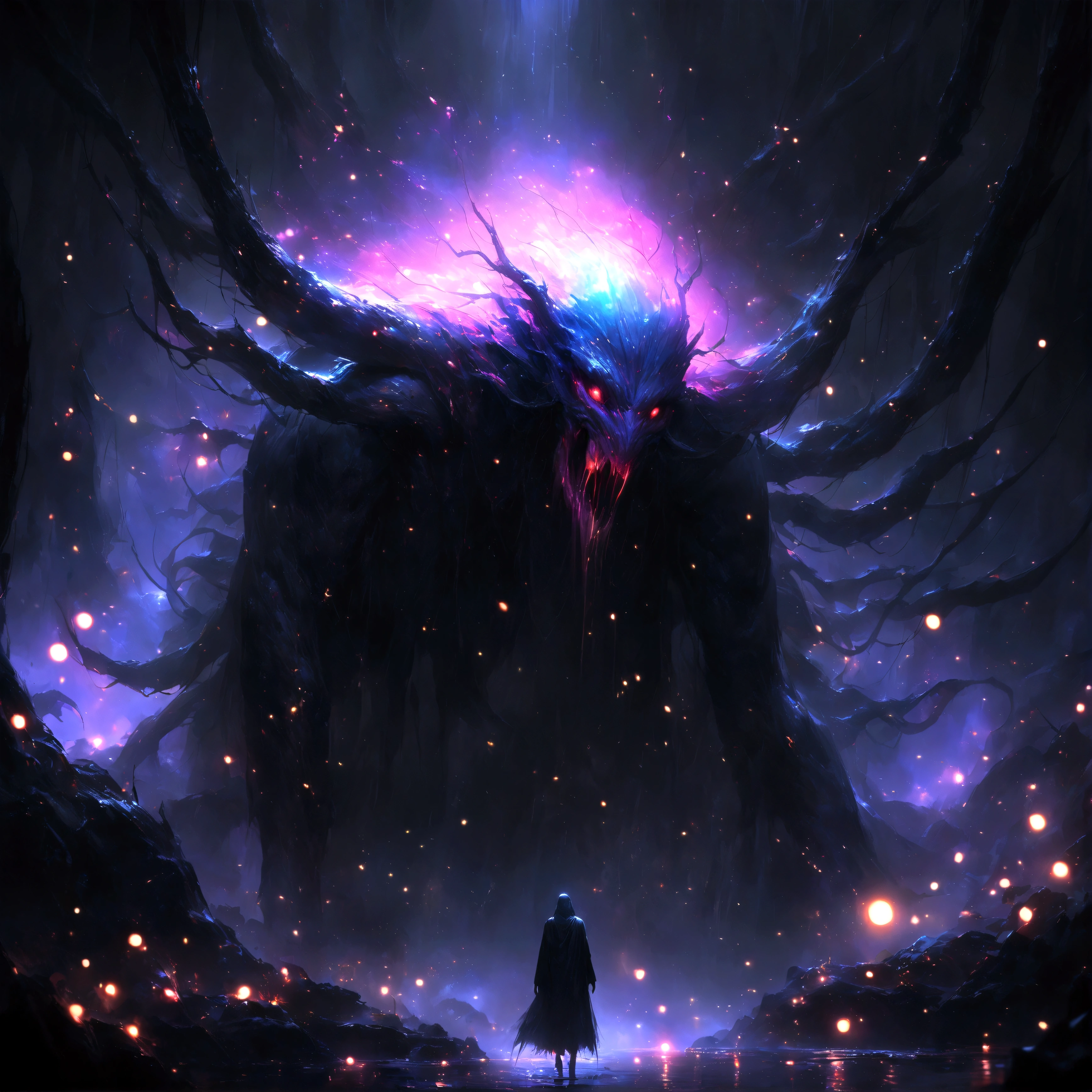 A monstrous creature lurking in the deep darkness, with its abominable presence emphasized by the (best quality, 4k, ultra-detailed, realistic, vivid colors, bokeh). The creature is enveloped in an eerie atmosphere, where the interaction of light and shadows adds to the sense of mystery and suspense. The scene is filled with floating particles, enhancing the otherworldly nature of the environment.
