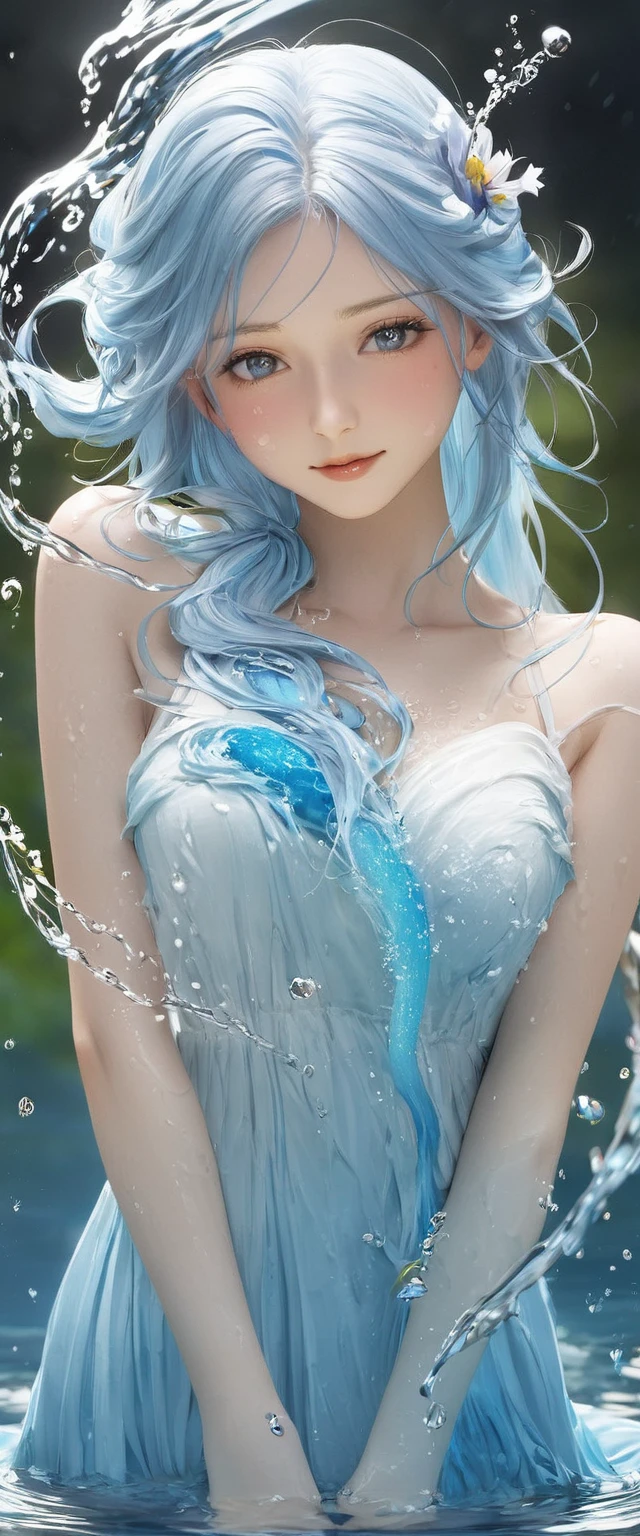 One girl, Female Water Spirit, Light blue hair, Internal spring water, Put a few drops of water on your skin,