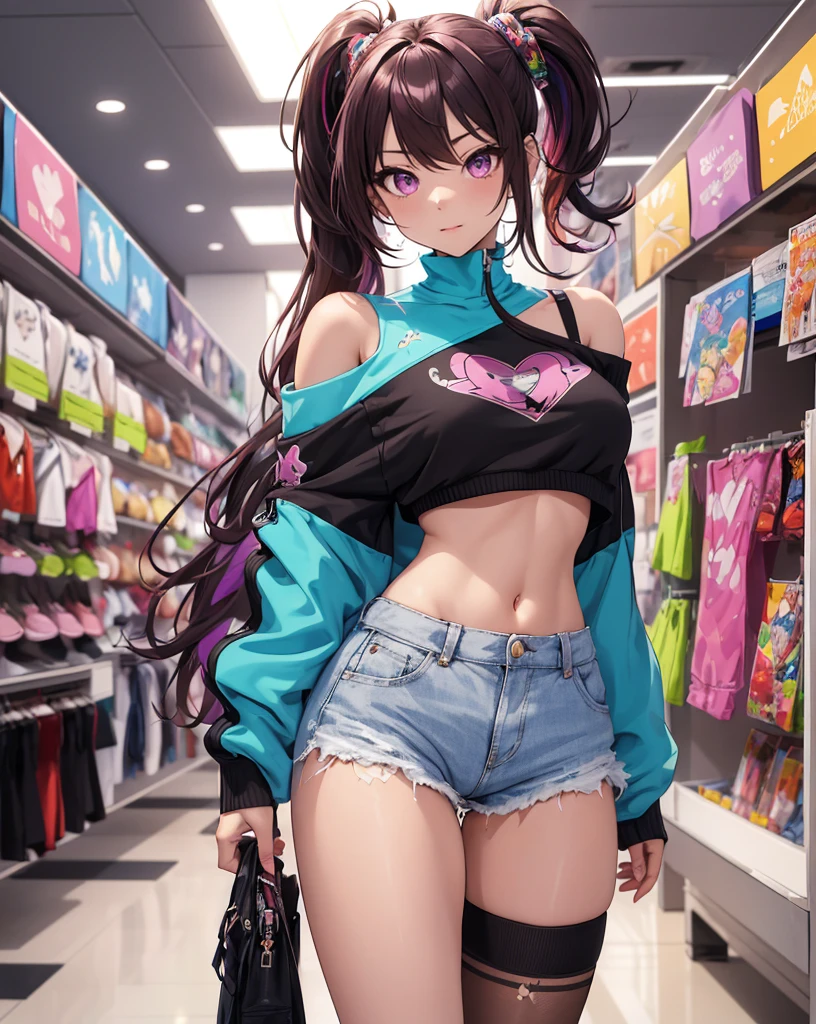 ((master part)), best quality, absurderes, ultra detaild, Holographic, cowboy shot, proportion Aurea, super cute girl,  Madura, Idol girl, Super beautiful asian girl with very cute violet bright eyes, Beautiful multicolored bright brown hair, high ponytail, nice and sexy body, body skinny, perfectbody, wearing a super tight anime print knit, Anime Print Super Tight Off Shoulder Long Sleeve Crop Top, a super aesthetic mini transparent jacket, cute hair ornament, Pink Jordan Sneakers, being photographed in a mall store, pulling down shorts showing G-string panties, ((nsfw)), {{????}}