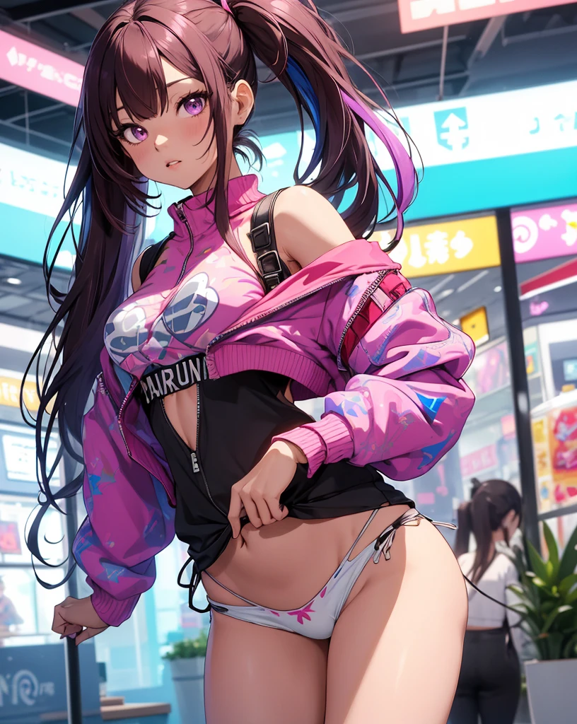 ((master part)), best quality, absurderes, ultra detaild, Holographic, cowboy shot, proportion Aurea, super cute girl, Madura, Idol girl, Super beautiful asian girl with very cute violet bright eyes, Beautiful multicolored bright brown hair, high ponytail, nice and sexy body, body skinny, perfectbody, wearing a super tight anime print knit, Anime Print Super Tight Off Shoulder Long Sleeve Crop Top, a super aesthetic mini transparent jacket, cute hair ornament, Pink Jordan Sneakers, being photographed in a mall store, pulling down shorts showing G-string panties, ((nsfw)), {{Lewd}}