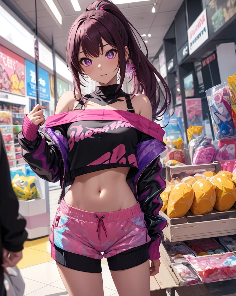 ((master part)), best quality, absurderes, ultra detaild, Holographic, cowboy shot, proportion Aurea, super cute girl, Madura, Idol girl, Super beautiful asian girl with very cute violet bright eyes, Beautiful multicolored bright brown hair, high ponytail, nice and sexy body, body skinny, perfectbody, wearing a super tight anime print knit, Anime Print Super Tight Off Shoulder Long Sleeve Crop Top, a super aesthetic mini transparent jacket, cute hair ornament, Pink Jordan Sneakers, being photographed in a mall store, pulling down shorts showing G-string panties, ((nsfw)), {{Lewd}}
