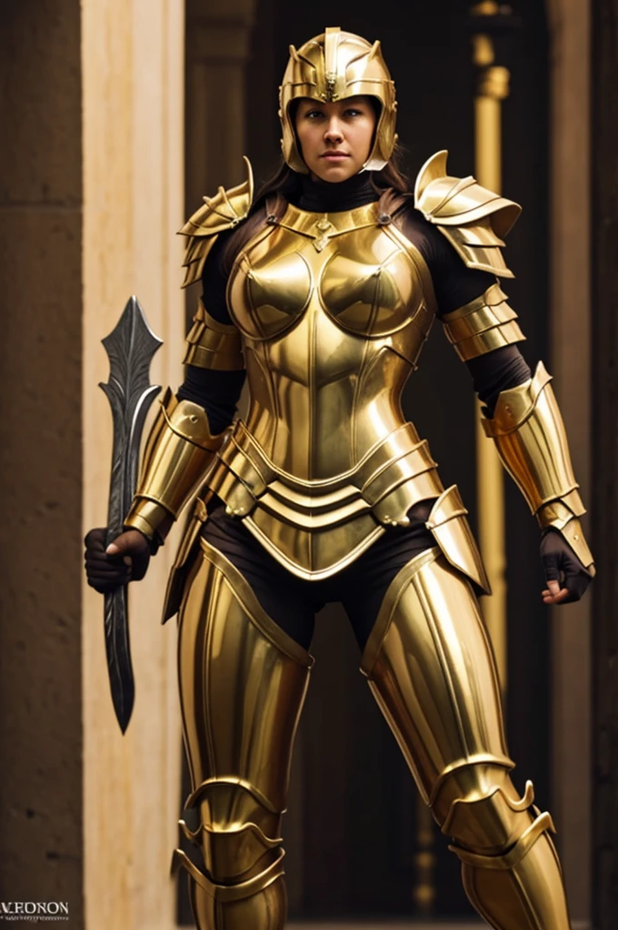 naked female spartan with golden armor on shoulders and thighs Showing  full body