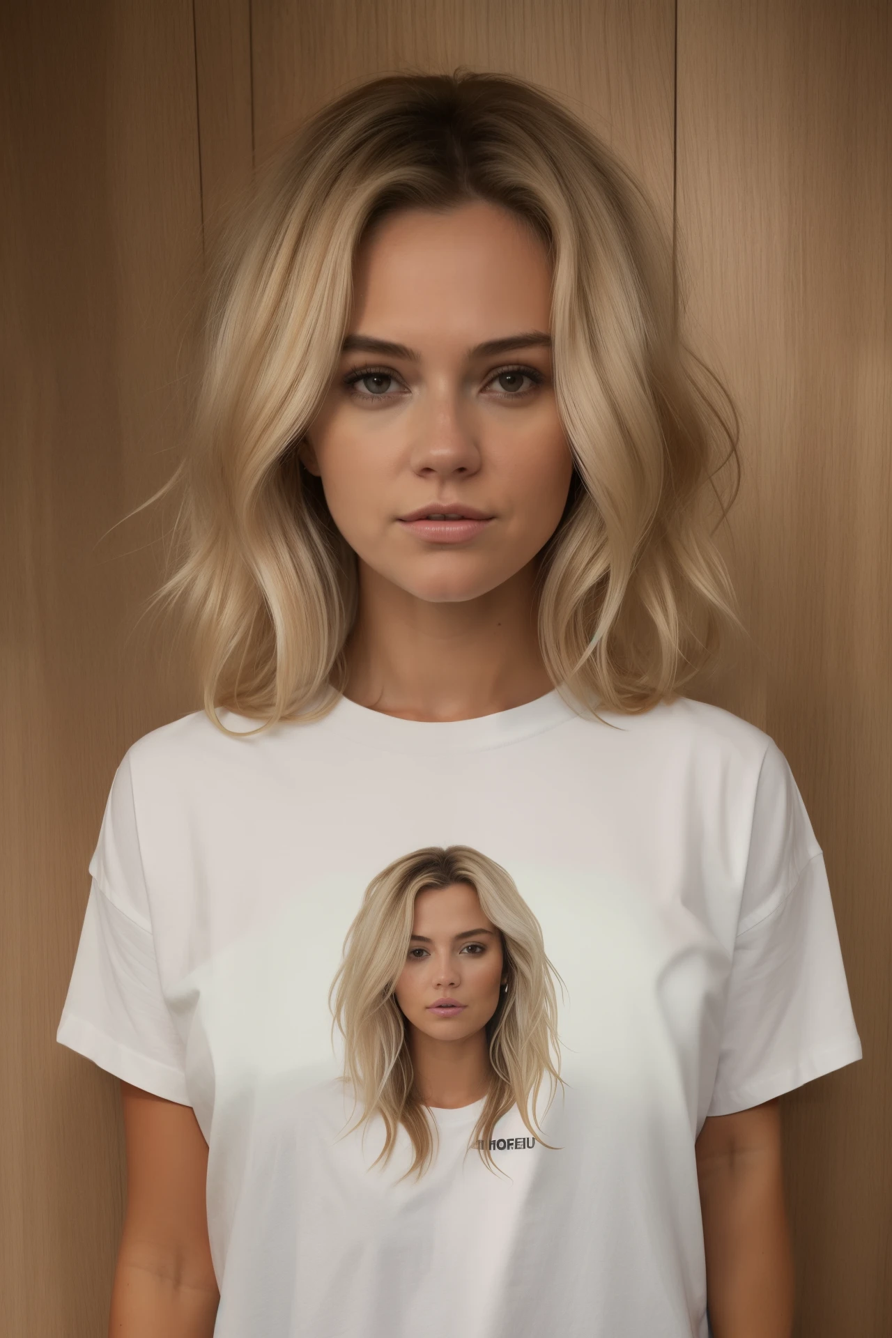 femme portant un ((T-shirt oversize)), , messy hair, longs cheveux blonds, hyper realistic, 4K, mediuml breasts, head of'artwork, guapo, face au spectateur, photo du visage, cleavage, pale skin, peau claire, ((nasolabial folds)), skin color lipstick, DSLR RAW photo, 8K, lancer, Canon5D, 85mm, ((bedroom, Early morning, assis sur un lit))