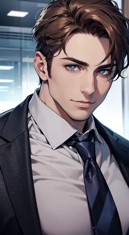 (best quality,4k,8k,highres,masterpiece:1.2),ultra-detailed,(realistic,photorealistic,photo-realistic:1.37),1 man,31 years old,mature man,very handsome,without expression,smile,short grey brown hair,blue eyes,penetrating gaze,perfect face without errors,imposing posture,businessman,office background,cinematic lighting,hdr image
