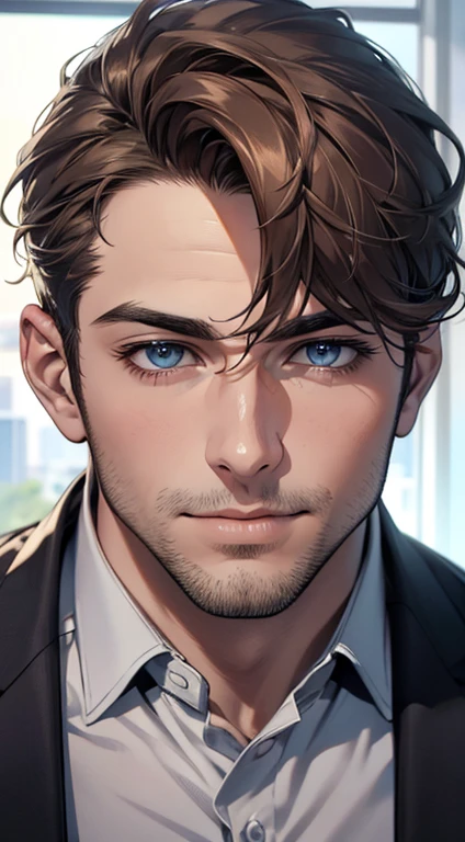 (best quality,4k,8k,highres,masterpiece:1.2),ultra-detailed,(realistic,photorealistic,photo-realistic:1.37),1 man,31 years old,mature man,very handsome,without expression,smile,short grey brown hair,blue eyes,penetrating gaze,perfect face without errors,imposing posture,businessman,office background,cinematic lighting,hdr image