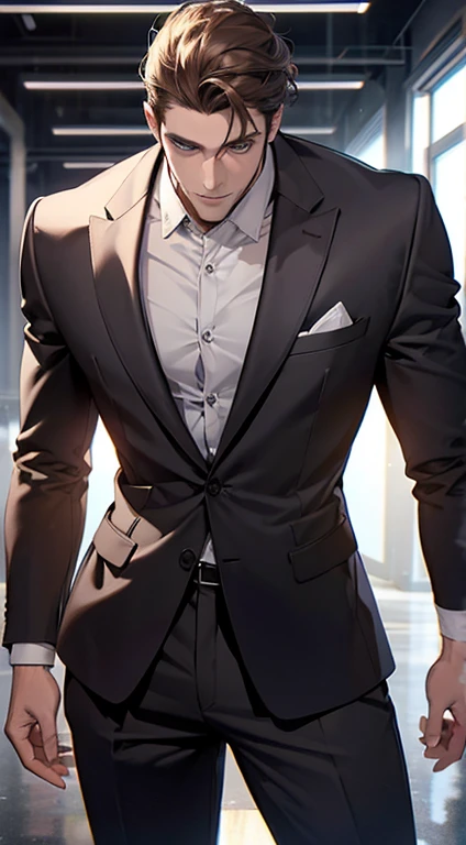 (best quality,4k,8k,highres,masterpiece:1.2),ultra-detailed,(realistic,photorealistic,photo-realistic:1.37),1 man,31 years old,mature man,very handsome,without expression,smile,short grey brown hair,blue eyes,penetrating gaze,perfect face without errors,imposing posture,businessman,office background,cinematic lighting,hdr image