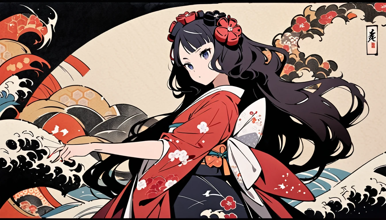 (((Highest quality))), (((Katsushika Hokusai))), (((Ink Painting))), ((very straight longhair)), ((1 girl)), ((sunglasses)), ((beautiful girl)), Japanese style headphones, Black Hair, Delicate and precise, Modern ukiyo-e style, dance