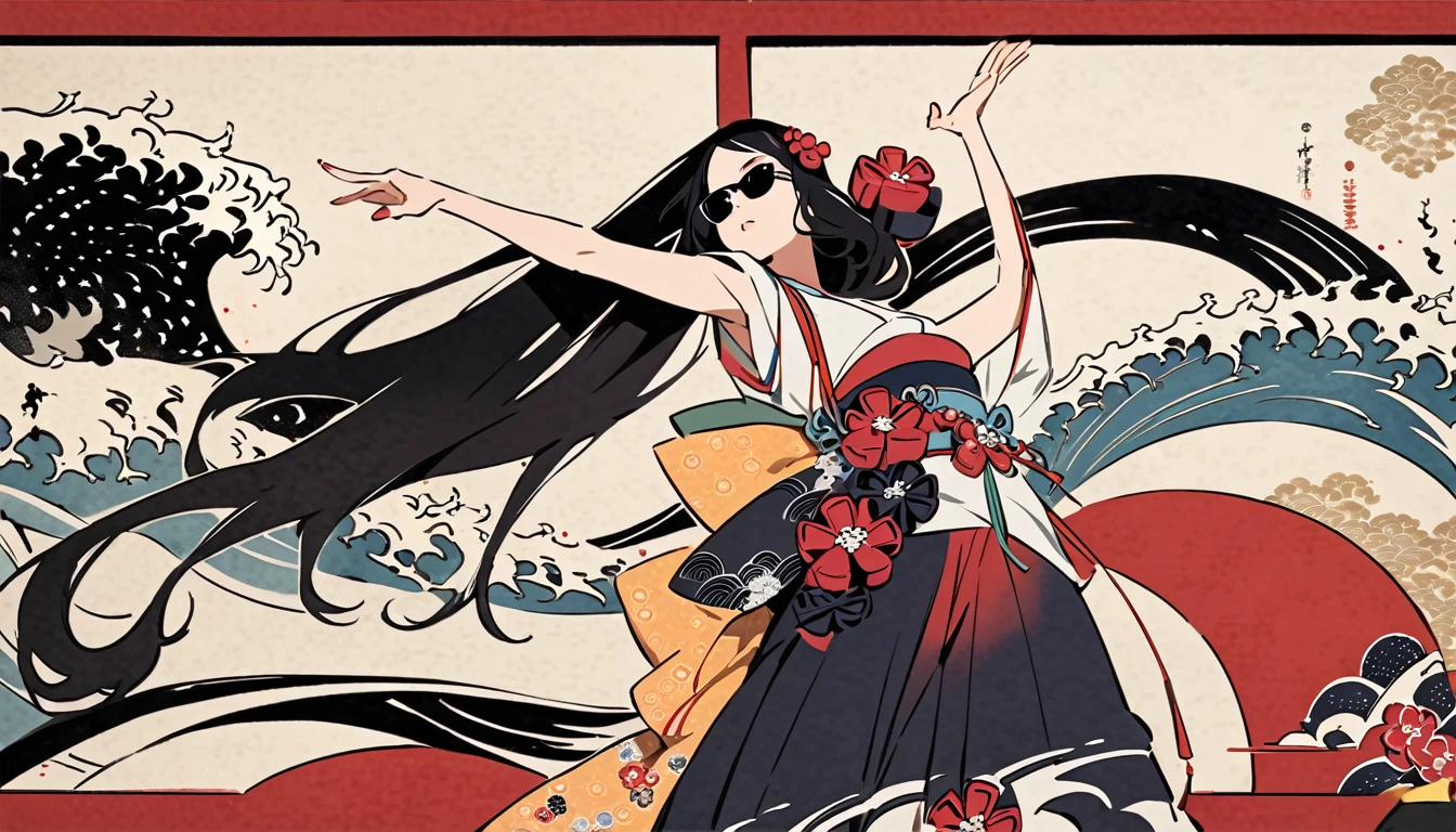 (((Highest quality))), (((Katsushika Hokusai))), (((Ink Painting))), ((very straight longhair)), ((1 girl)), ((sunglasses)), ((beautiful girl)), Japanese style headphones, Black Hair, Delicate and precise, Modern ukiyo-e style, dance