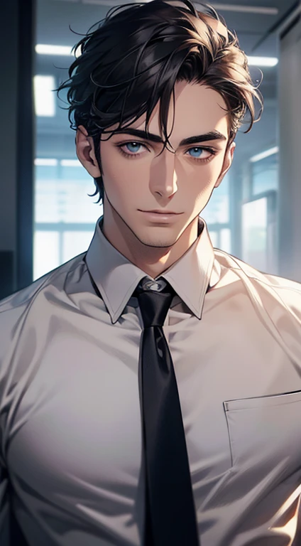 (best quality,4k,8k,highres,masterpiece:1.2),ultra-detailed,(realistic,photorealistic,photo-realistic:1.37),1 man,31 years old,mature man,very handsome,without expression,smile,short grey black hair,blue eyes,penetrating gaze,perfect face without errors,imposing posture,businessman,office background,cinematic lighting,hdr image