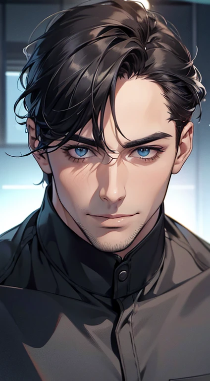(best quality,4k,8k,highres,masterpiece:1.2),ultra-detailed,(realistic,photorealistic,photo-realistic:1.37),1 man,31 years old,mature man,very handsome,without expression,smile,short grey black hair,blue eyes,penetrating gaze,perfect face without errors,imposing posture,businessman,office background,cinematic lighting,hdr image